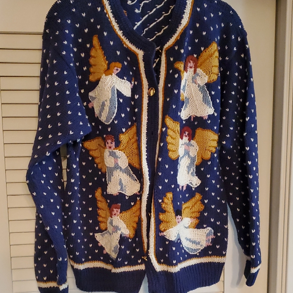 Orvis Navy and White Knit Sweater With Angels Size 18. Beautifully Made.